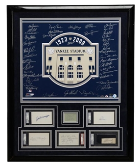 New York Yankees Legend Framed Piece Signed By Over (50) Yankees Including Dimaggio, Maris, Mantle and Pennock (1/1)